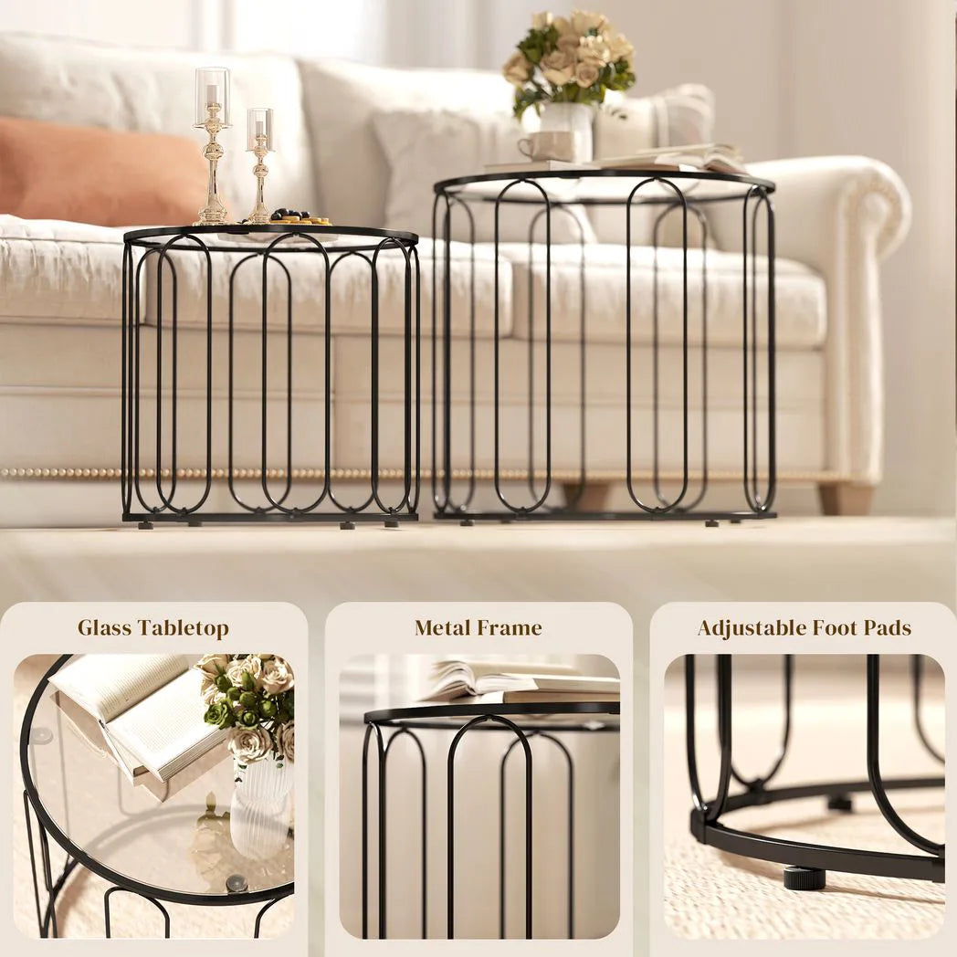 HOMCOM Elliptical Cut-Out Nesting Coffee Tables, Set of 2 with Glass Tops – Sofa Side Tables, Black