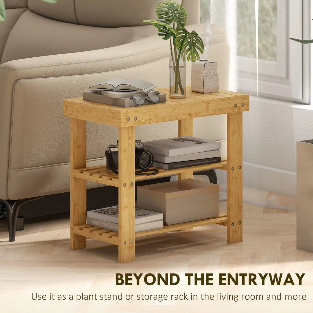 HOMCOM 2-Tier Bamboo Shoe Storage Bench – Slatted Shelves, Natural Finish