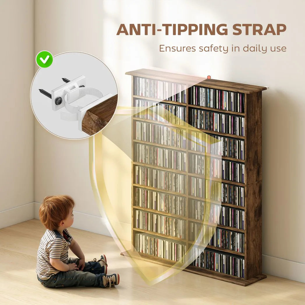 HOMCOM 16-Compartment Media Shelf for 720 CDs with 12 Adjustable Shelves – Anti-Tipping Straps, Rustic Brown