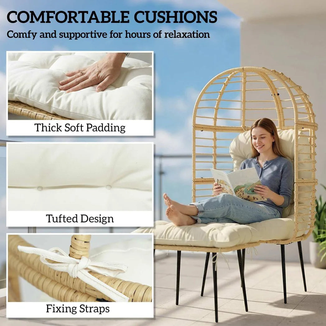 Outsunny Rattan Egg Chair with Footstool and Thick Cushions – Indoor Outdoor Garden Lounge Set, Beige
