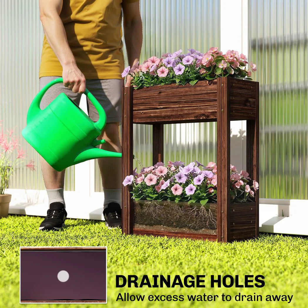 Outsunny 2-Tier Wooden Raised Planter – Elevated Garden Bed on Legs with Liner and Drainage Holes, 70cm
