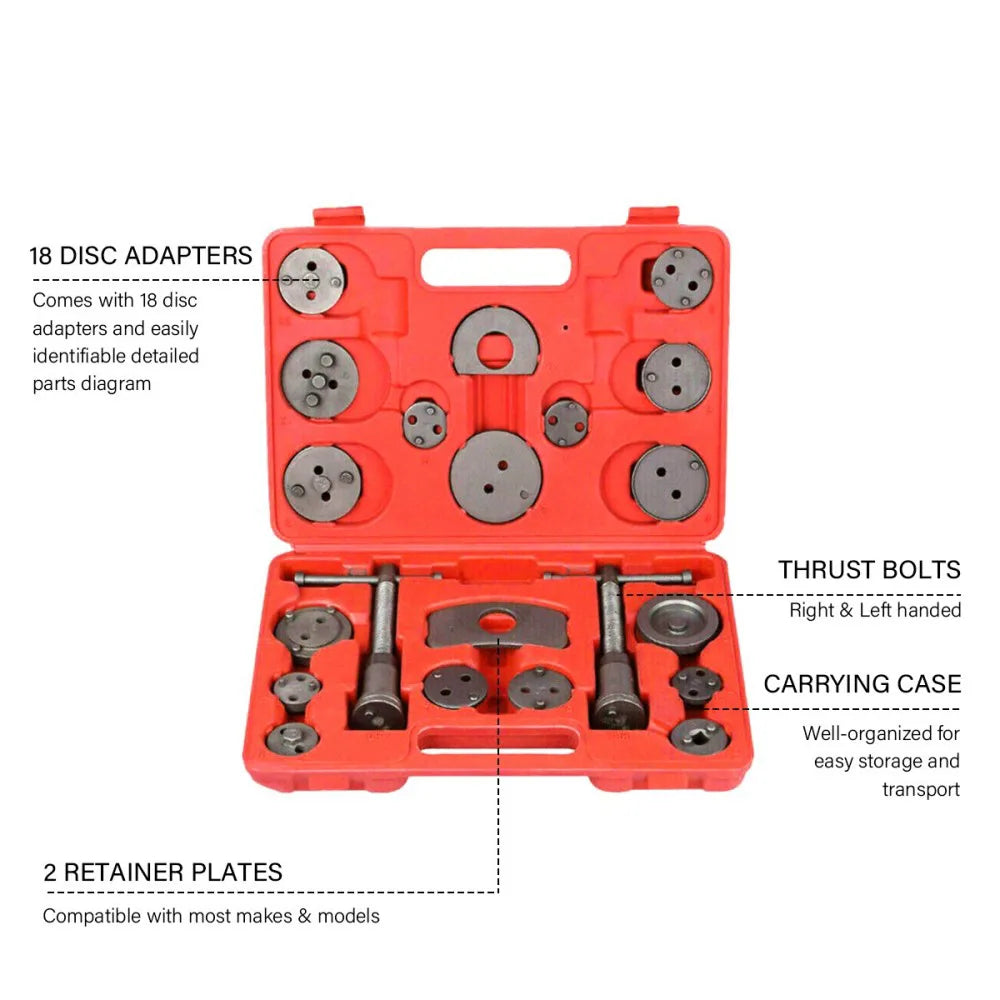 23-Piece Universal Brake Caliper Piston Rewind Tool Kit with Adapters and Hard Case – Disc Brake Wind Back Set