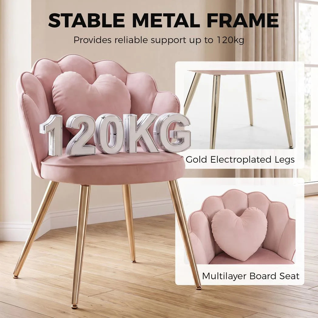 HOMCOM Velvet Accent Chair with Lotus Back, Heart Lumbar Pillow and Gold Tone Metal Legs, Soft Pink