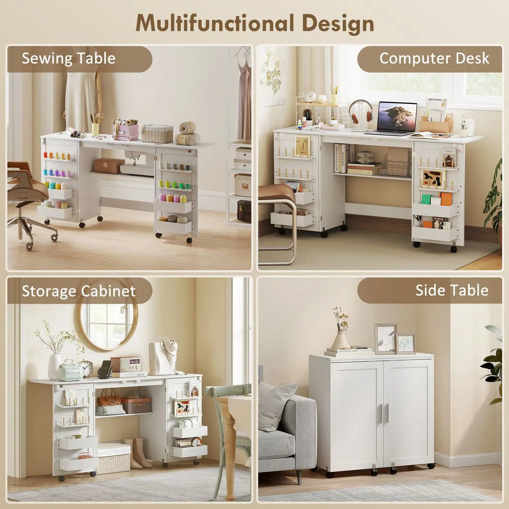HOMCOM Folding Sewing Table with 2 Magnetic Doors and Lockable Wheels – Craft Cabinet, White