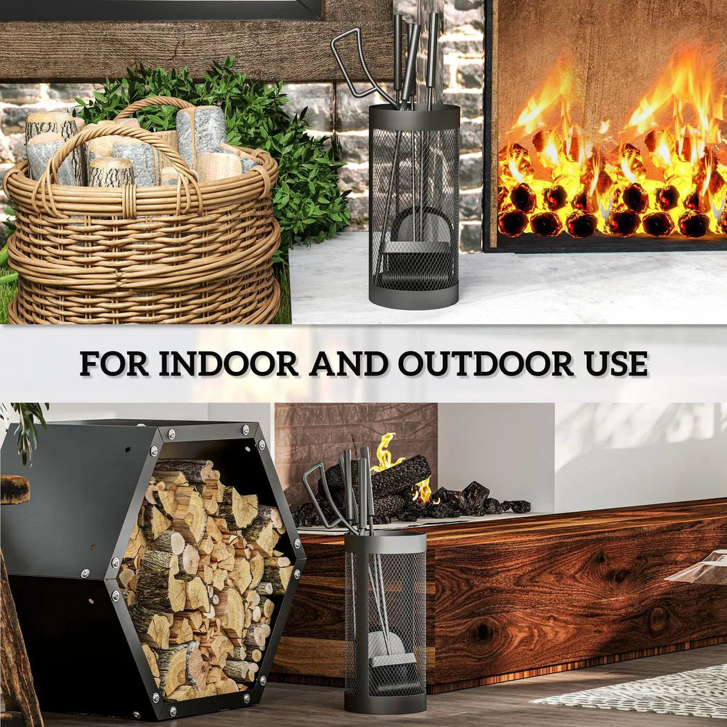 Outsunny 5-Piece Fireplace Tools Set with Mesh Basket – Indoor Outdoor Fireside Accessories, Black