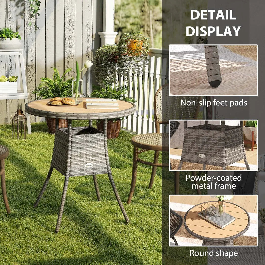 Outsunny 70 cm Round Rattan Garden Table with Slatted Wood-Effect Top, Natural