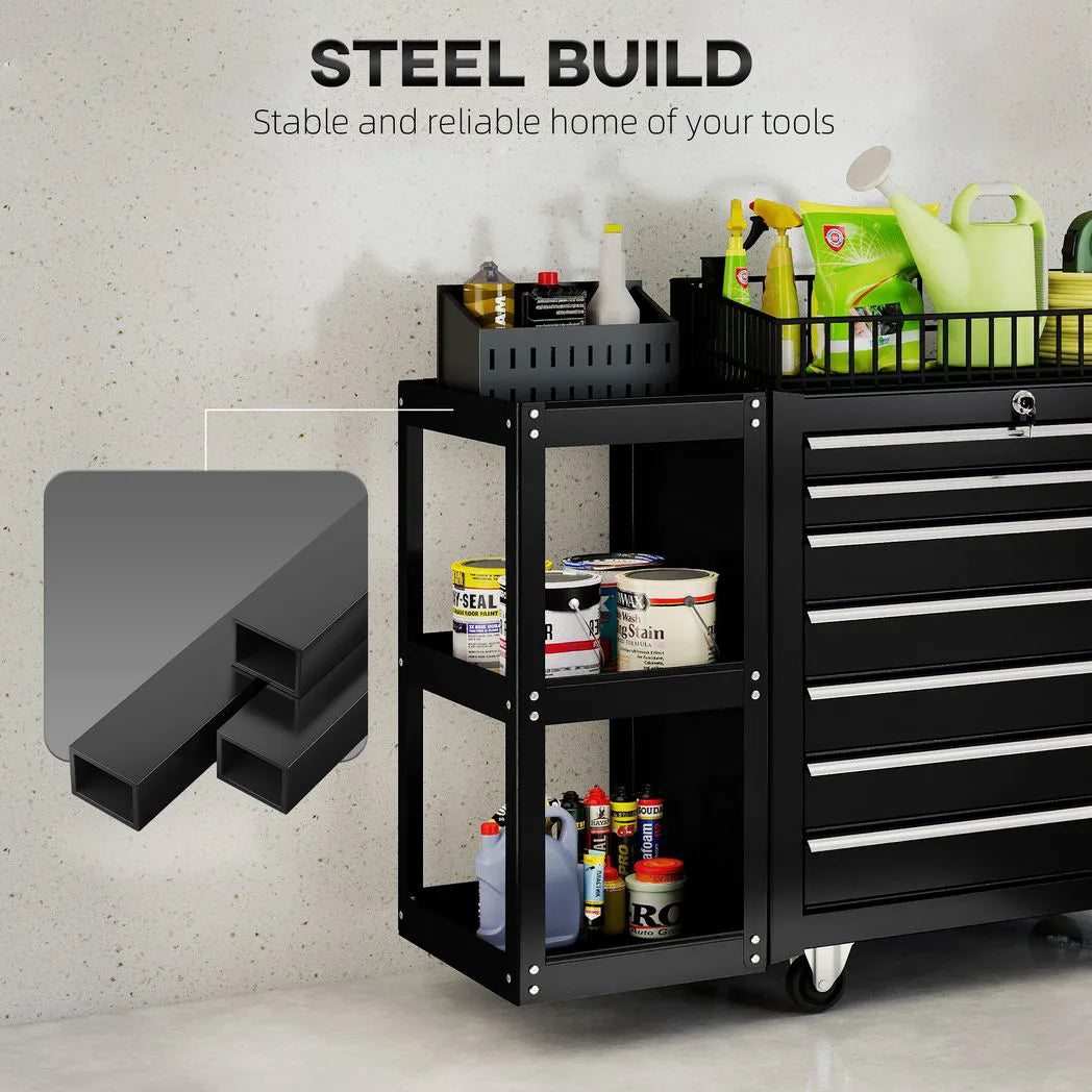 HOMCOM Lockable Steel Tool Chest on Wheels with 7 Drawers and Detachable Shelf – Rolling Workshop Storage, Black