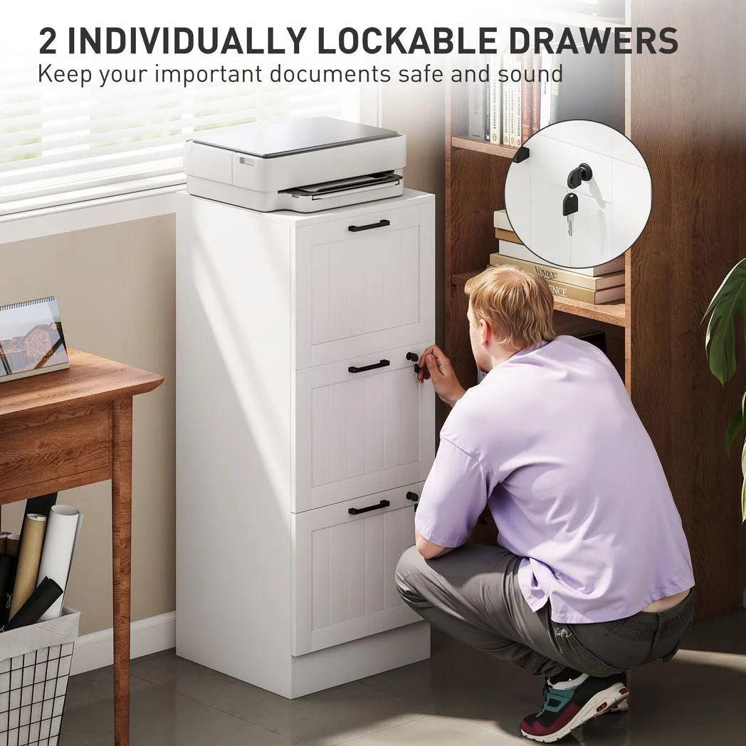 HOMCOM 3 Drawer Filing Cabinet with Lock – Office Storage with Adjustable Hanging Bars for A4 & Letter Files, White