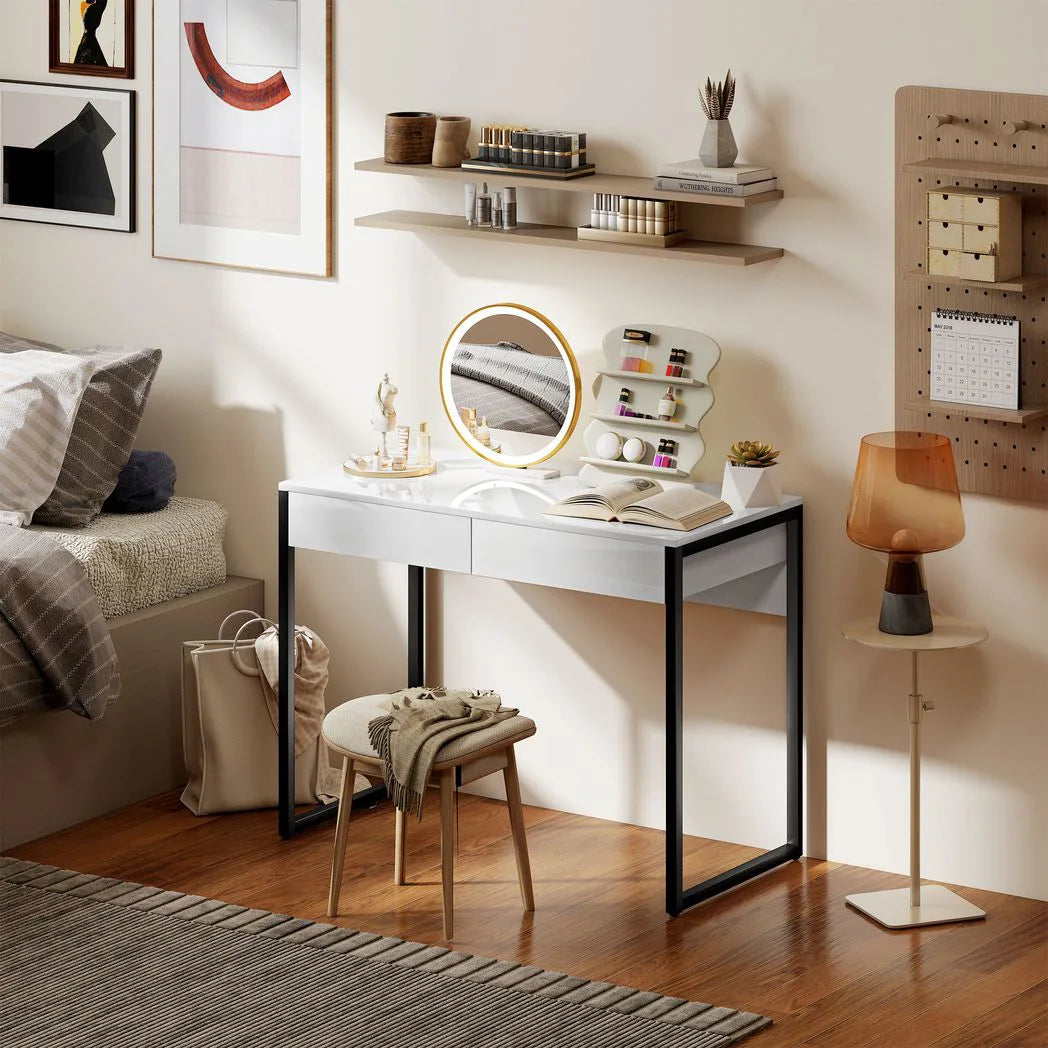 HOMCOM High Gloss Work Table with Two Handleless Drawers and Steel Frame – Home Office Desk, White