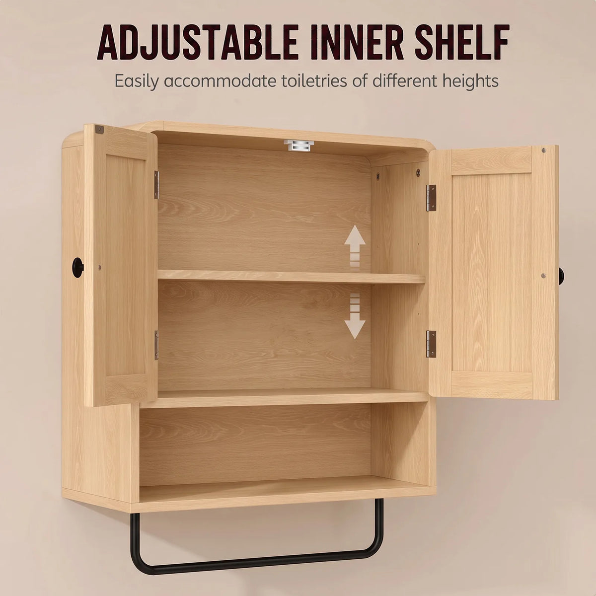 HOMCOM Wall-Mounted Bathroom Cabinet with 2 Doors, Open Shelf and Towel Rail – Bathroom Storage, Oak