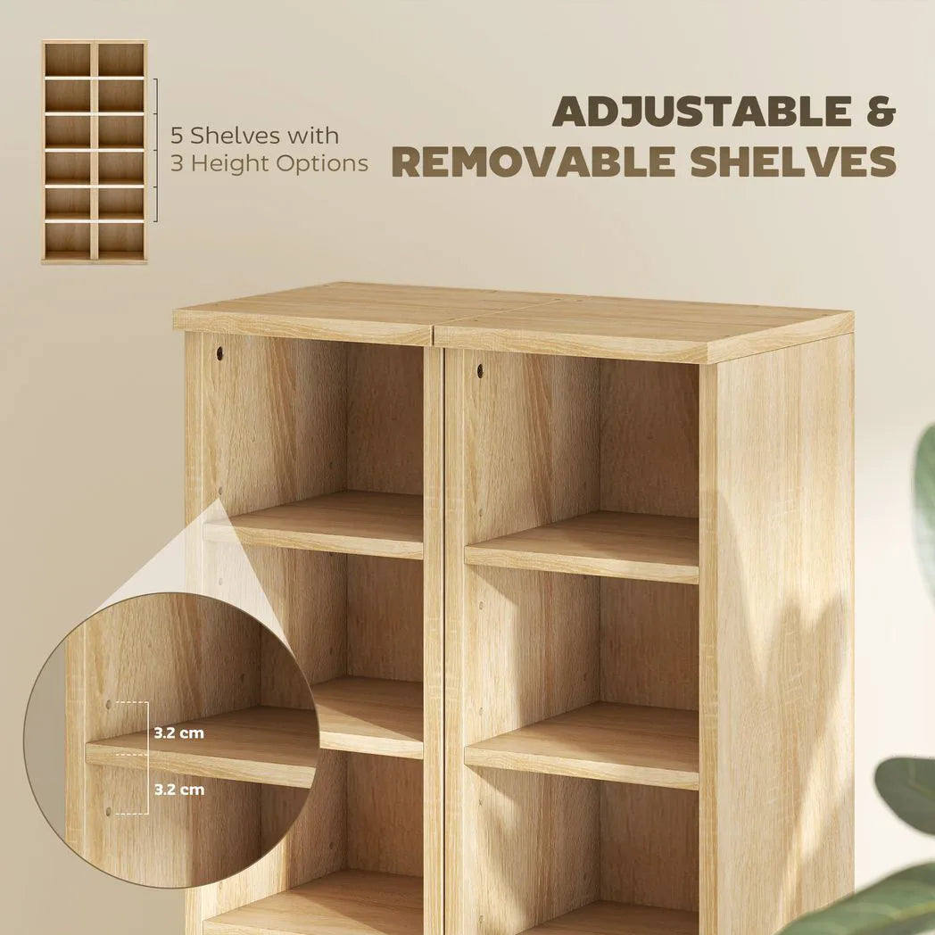 HOMCOM Set of 2 CD and Media Storage Tower Shelves with Adjustable Shelves and Anti-Tip Kits – Oak