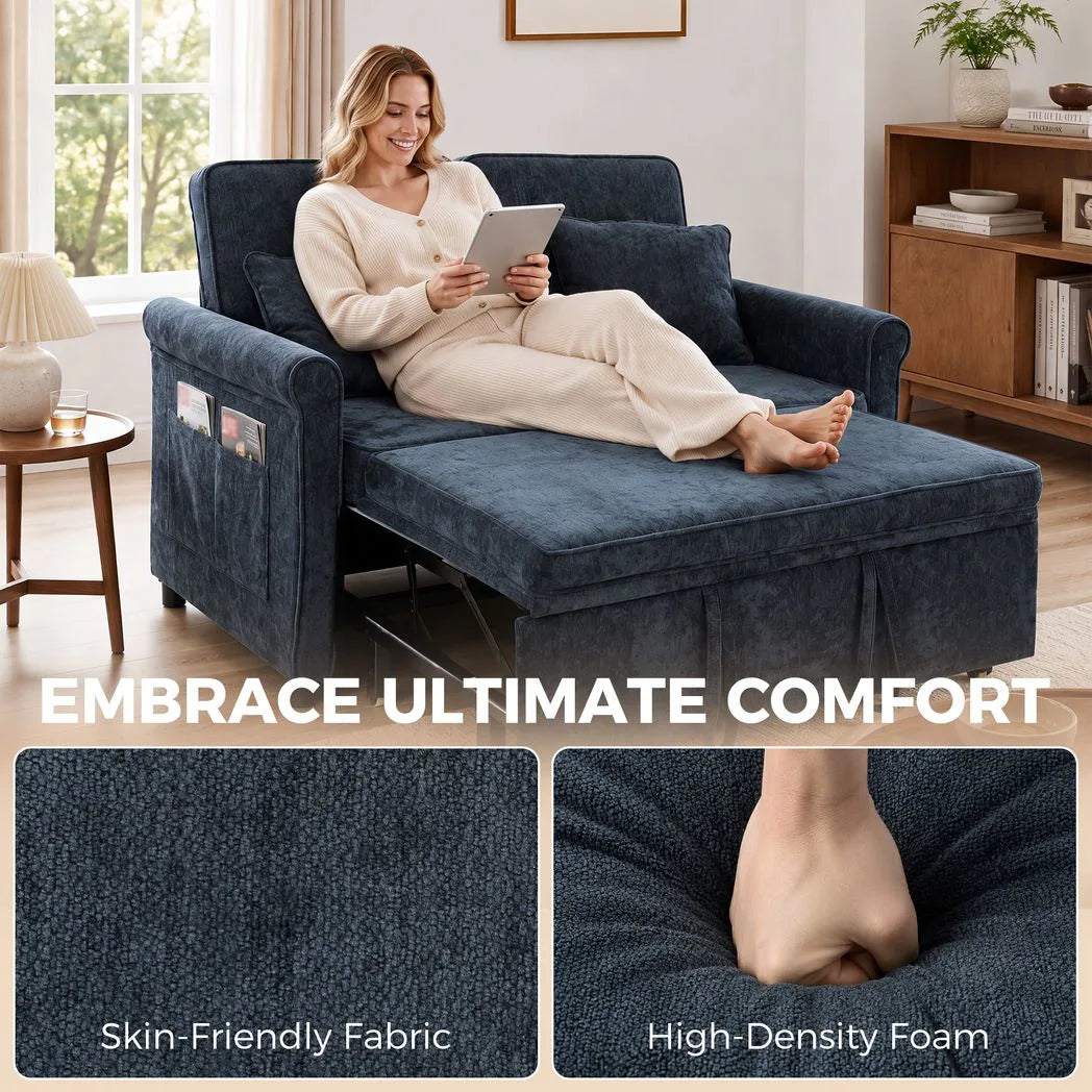 HOMCOM 2 Seater 3-in-1 Sofa Bed with 5-Position Adjustable Backrest – Pull Out Chenille Sleeper, Dark Blue