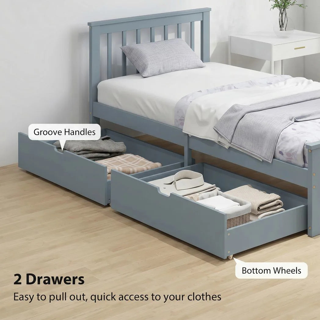 HOMCOM 3ft Single Pine Storage Bed Frame with 2 Wheeled Drawers, Headboard & Slats – Solid Wood, Grey