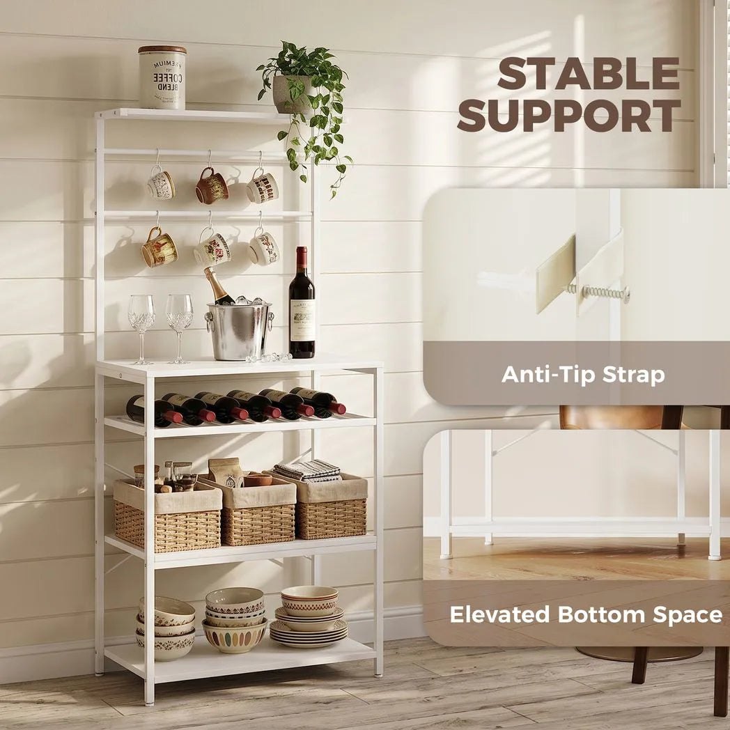 HOMCOM Freestanding Industrial Shelving Unit with Wine Rack and 6 Hooks – Home Office Storage, White