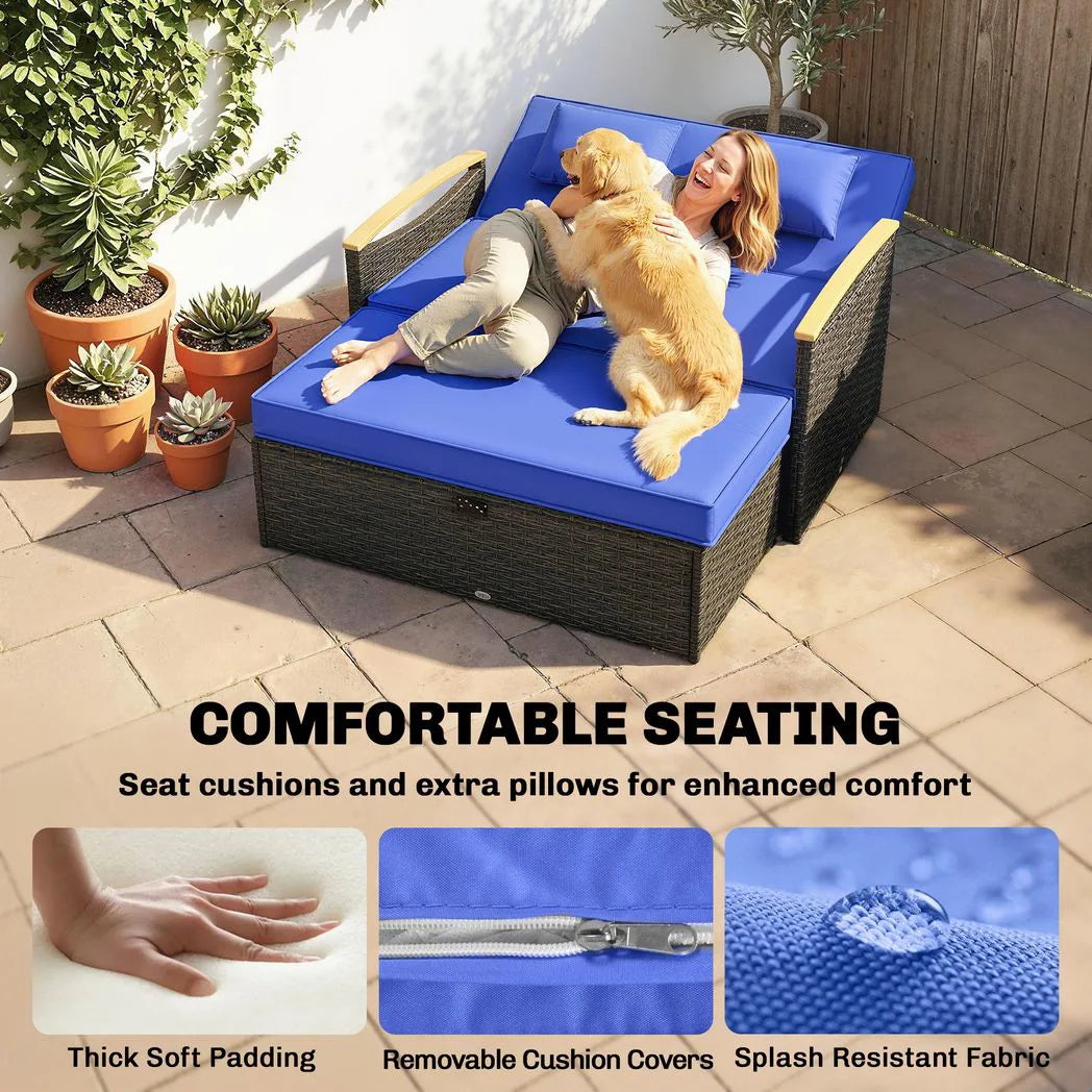 Outsunny Double Rattan Garden Daybed with Storage Ottoman – 3-in-1 Sun Lounger with Adjustable Backrest and Side Tables, Brown