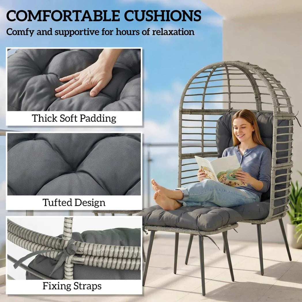 Outsunny Garden Egg Chair with Footstool, PE Rattan Indoor Outdoor Lounge Set with Thick Cushions – Light Grey