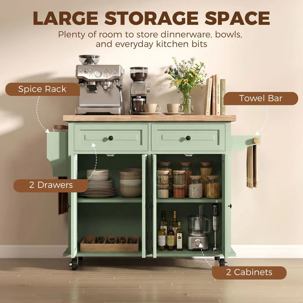 HOMCOM Rolling Kitchen Island with Rubberwood Top, Drawers & Cabinets – Dining Room Storage Trolley, Light Green
