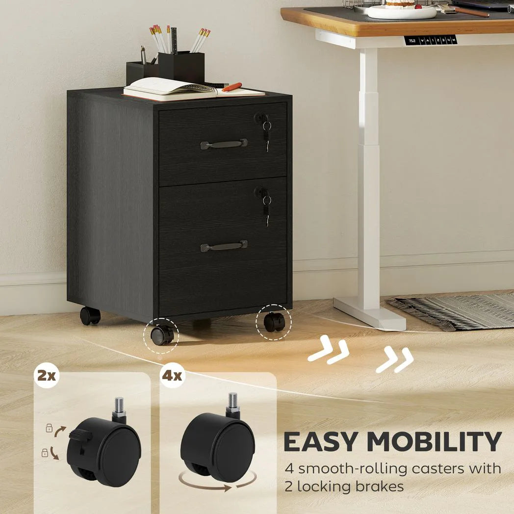 HOMCOM Rolling File Cabinet with 2 Drawers & Lockable Wheels – Under-Desk Mobile Storage, Black