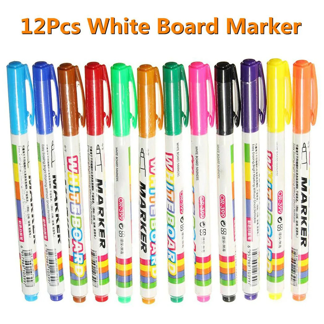 12 Colour Whiteboard Marker Pens – Fast-Drying, Low-Odour, Easy Wipe Dry Erase Markers for Whiteboards