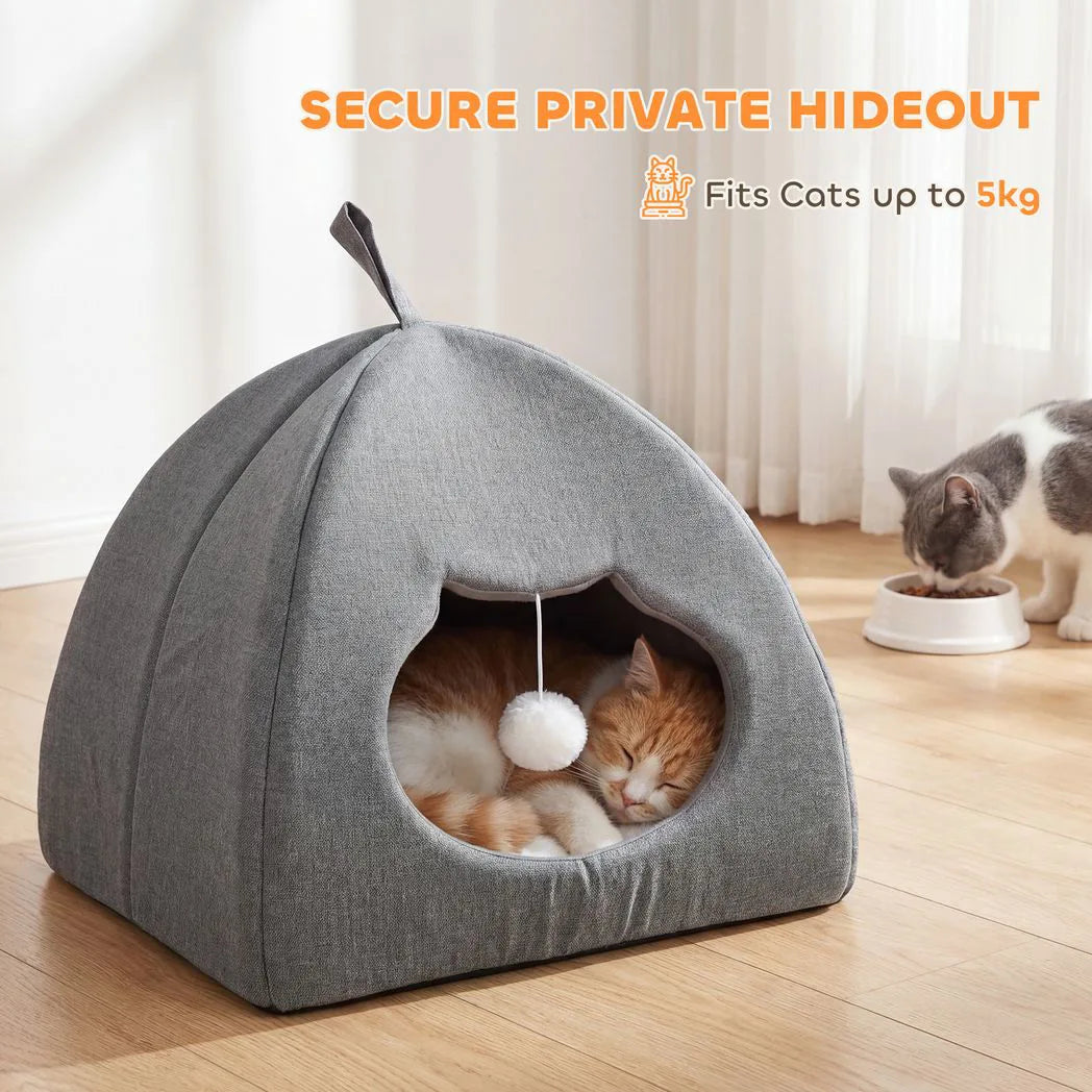 PawHut Cat Cave Bed with Reversible Cushion, Teaser Ball & Anti-Slip Base – Indoor Kitten Igloo House, Grey