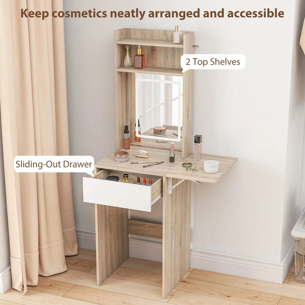 HOMCOM Small Vanity Desk with LED Mirror, Drop Leaf & Open Shelves – Compact Dressing Table, Natural Wood
