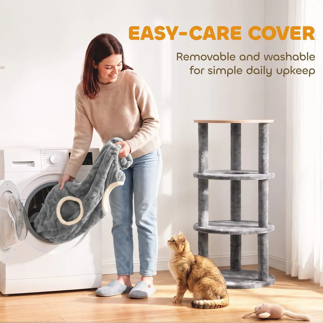 PawHut Four-Tier Cat Tree Tower with Connected Cubby and Removable Plush Cover – Space-Saving Cat Condo