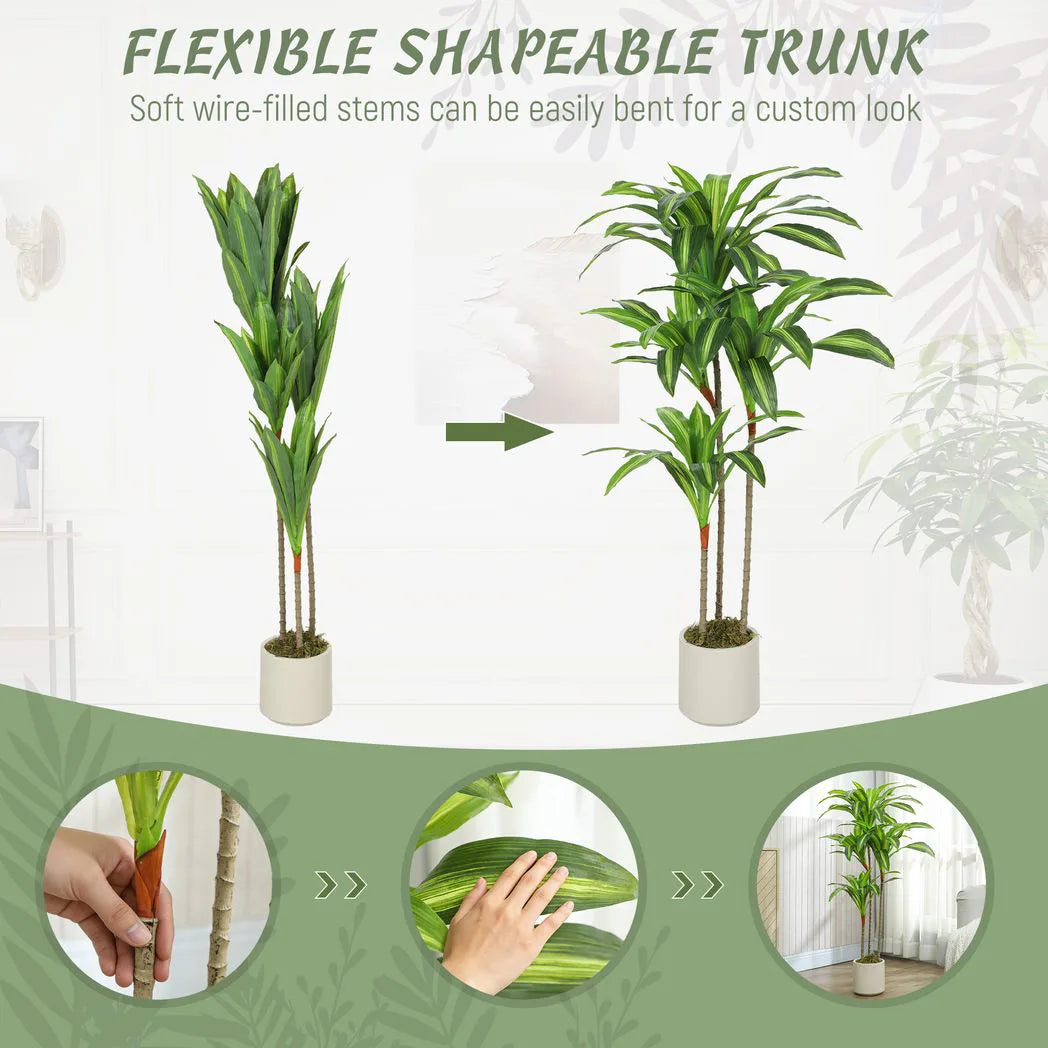 HOMCOM 120cm Artificial Dracaena Tree with Bendable Trunks and White Pot – Realistic Faux Plant, Green