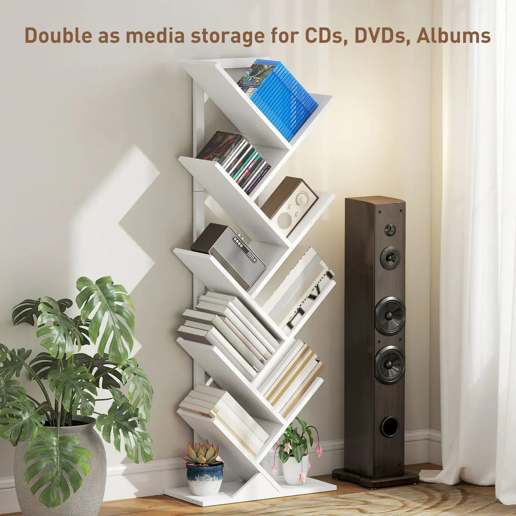 HOMCOM 9-Tier Tree Bookshelf with Steel Frame – Industrial Free Standing Bookcase for Books & Display, White
