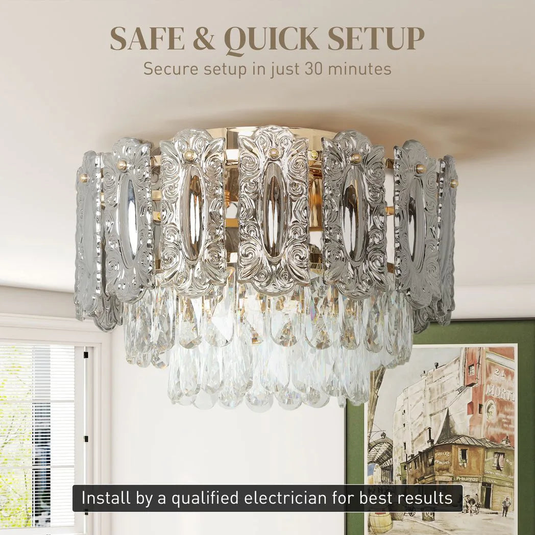 HOMCOM 3-Light Flush Mount Chandelier with Crystal and Smoke Glass – 40 cm Gold Ceiling Light