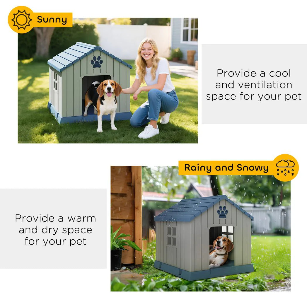 PawHut Waterproof Plastic Dog Kennel for Medium Dogs, Raised Base – Outdoor Garden House, 85 cm, Grey