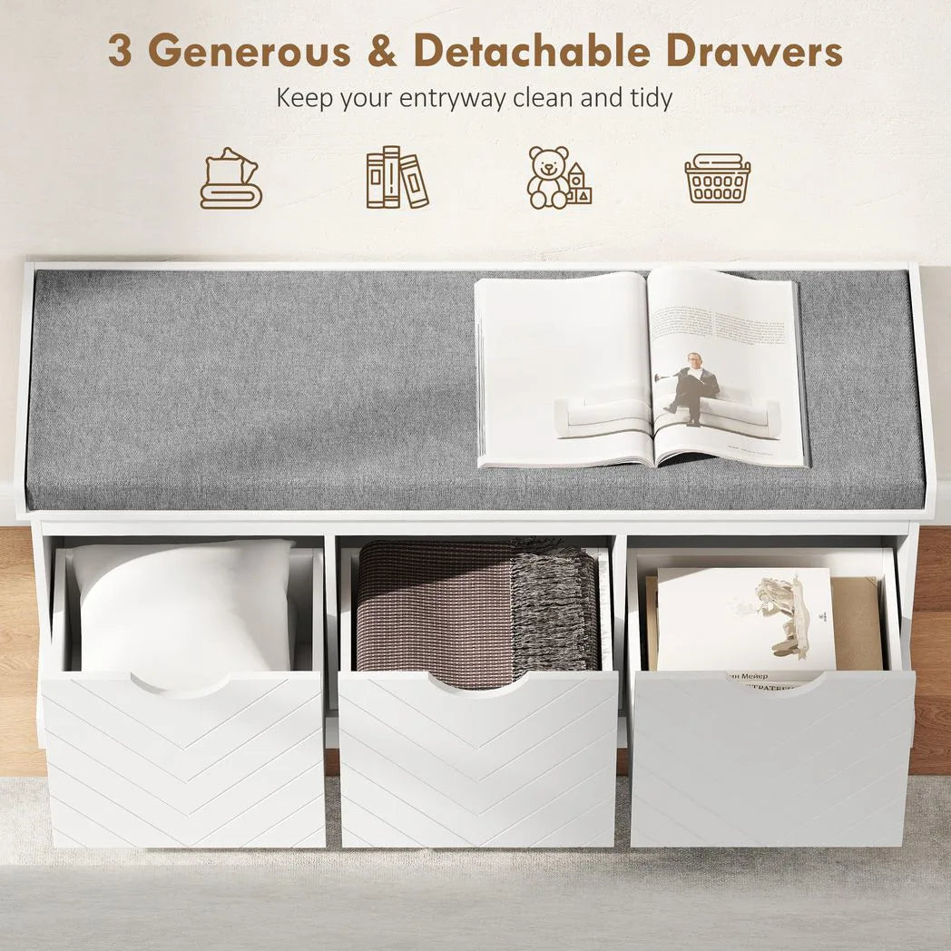HOMCOM 3-Drawer Padded Shoe Storage Bench with Washable Linen-Look Cushion – 105 cm, White