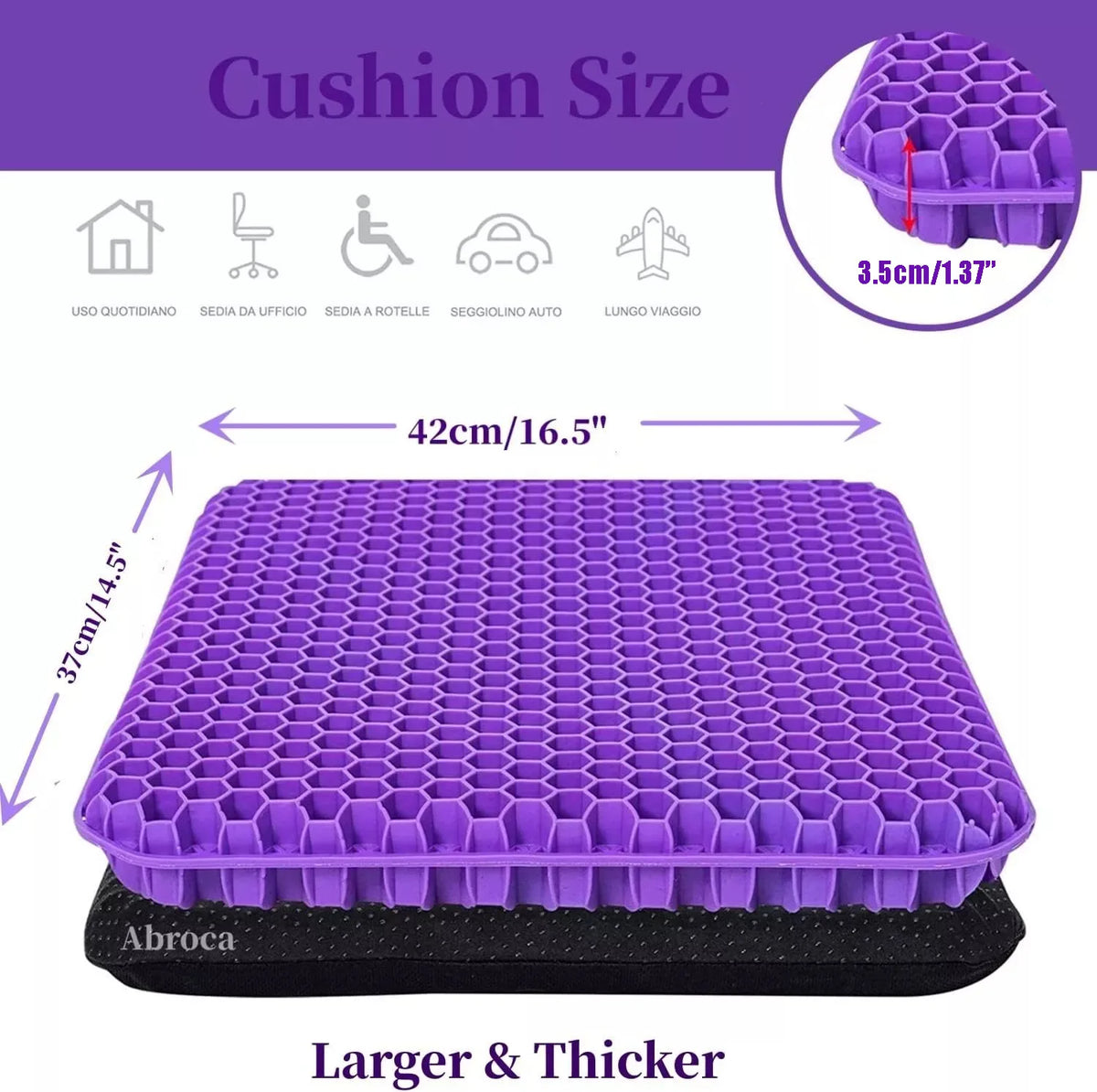 Orthopaedic Honeycomb Gel Seat Cushion, 3.5cm Extra Thick with Non-Slip Cover – Office, Car, Wheelchair, Purple