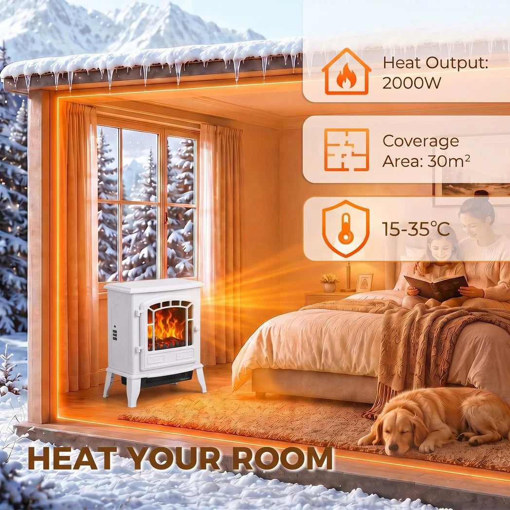HOMCOM Electric Fireplace Stove, 1000W/2000W Freestanding Fire with LED Flame Effect & Thermostat – White