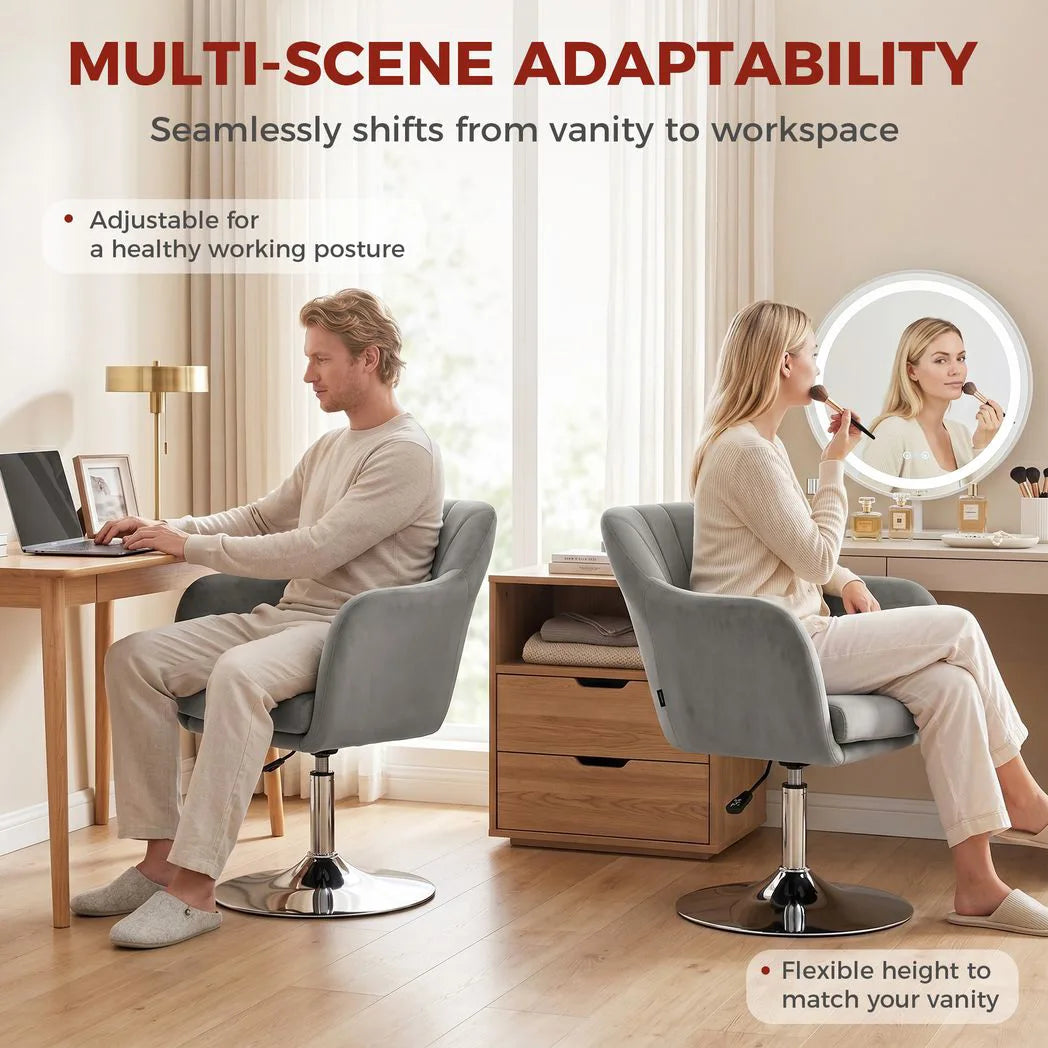HOMCOM Retro Velvet Swivel Tub Chair with Adjustable Height and Steel Base – Vanity Accent Chair, Grey
