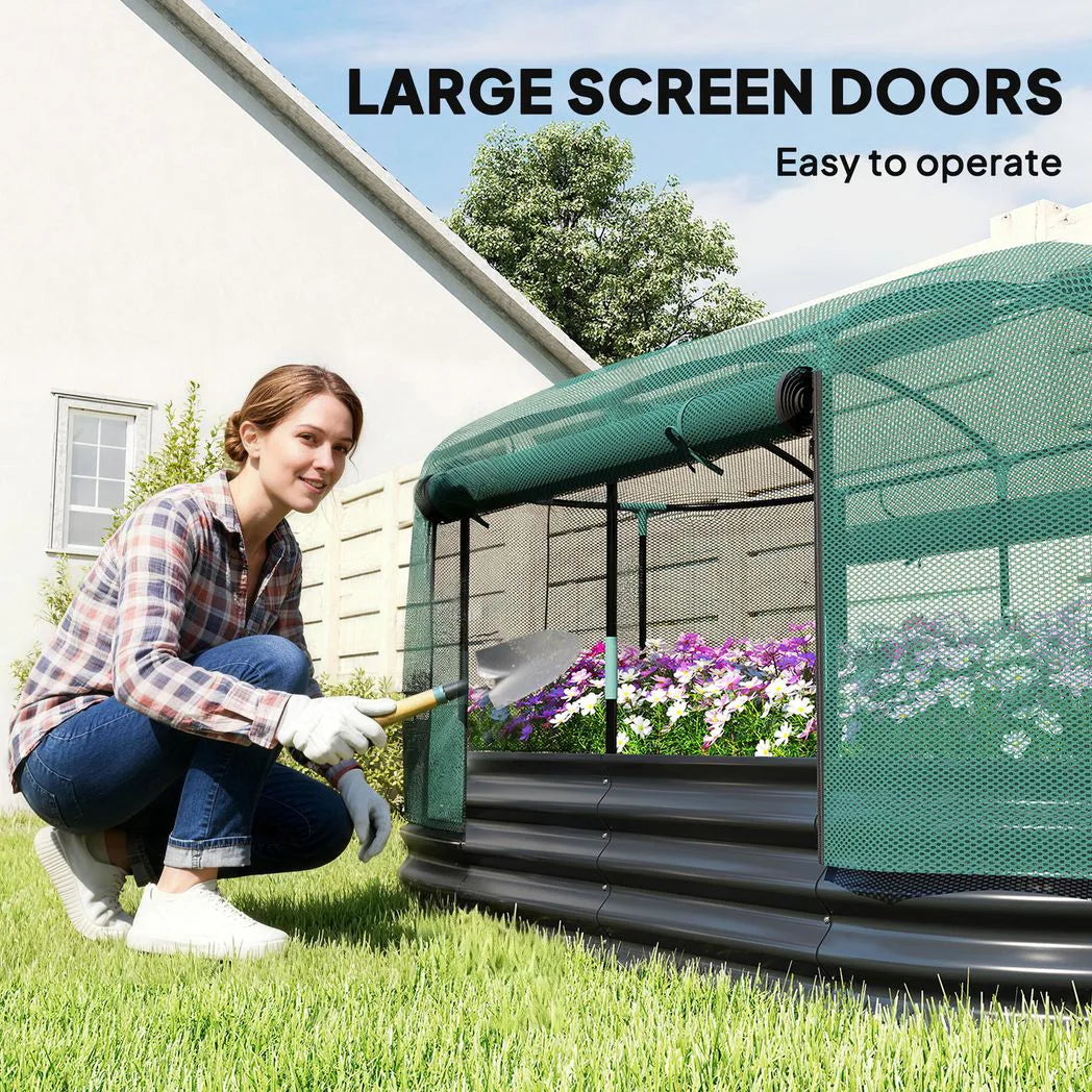 Outsunny Galvanised Raised Garden Bed Kit with Self-Watering System and Mesh Cover, 6 x 3ft – Dark Grey and Green