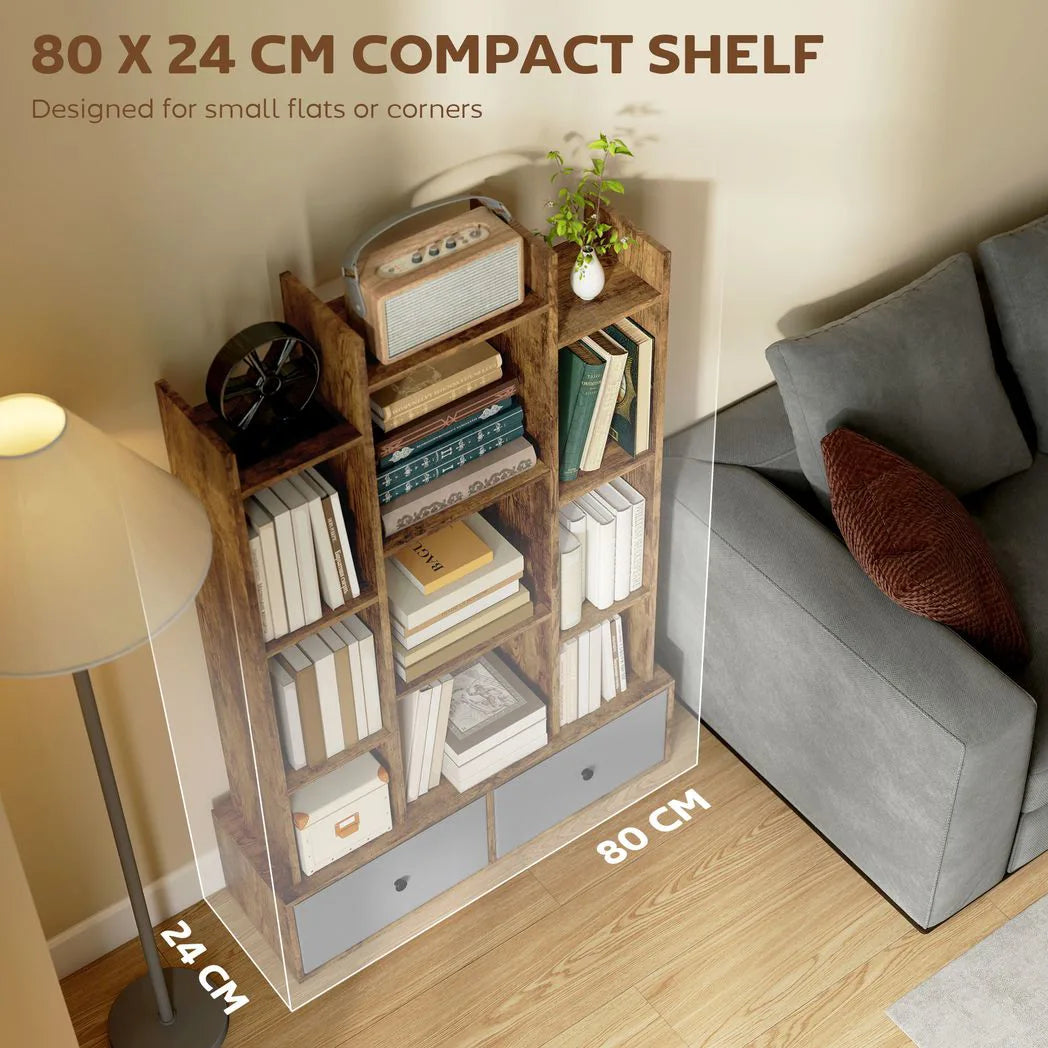 HOMCOM 12 Cube Storage Unit with 2 Removable Fabric Drawers – Geometric Bookcase & Display Shelf, Brown