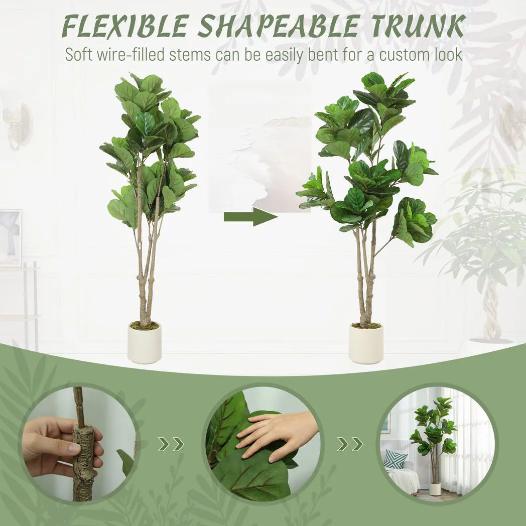 HOMCOM 180cm Artificial Fiddle Leaf Fig Tree with 98 Leaves and White Pot – Lifelike Faux Plant, Green