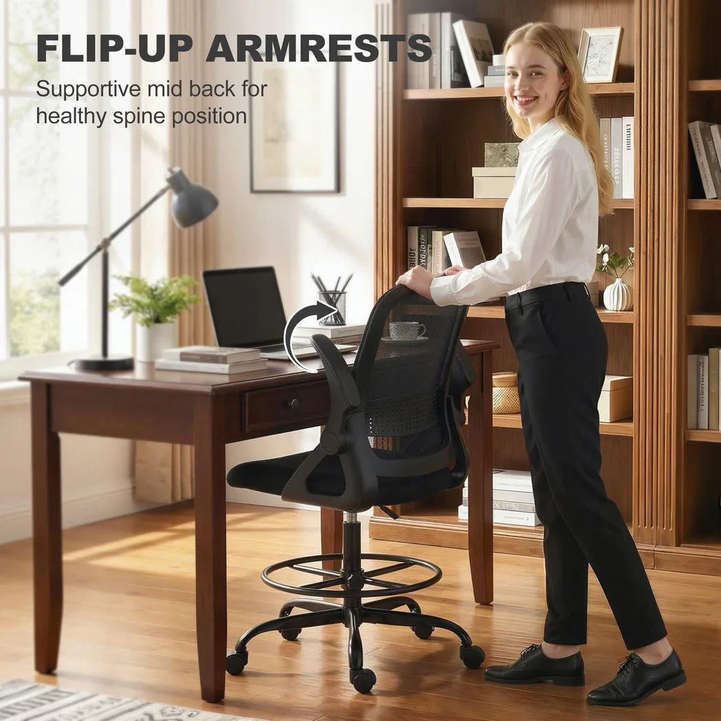 HOMCOM Painting Chair with Mesh Back, Adjustable Footrest & Flip-up Armrests – Sit-Stand Desk Chair, Black