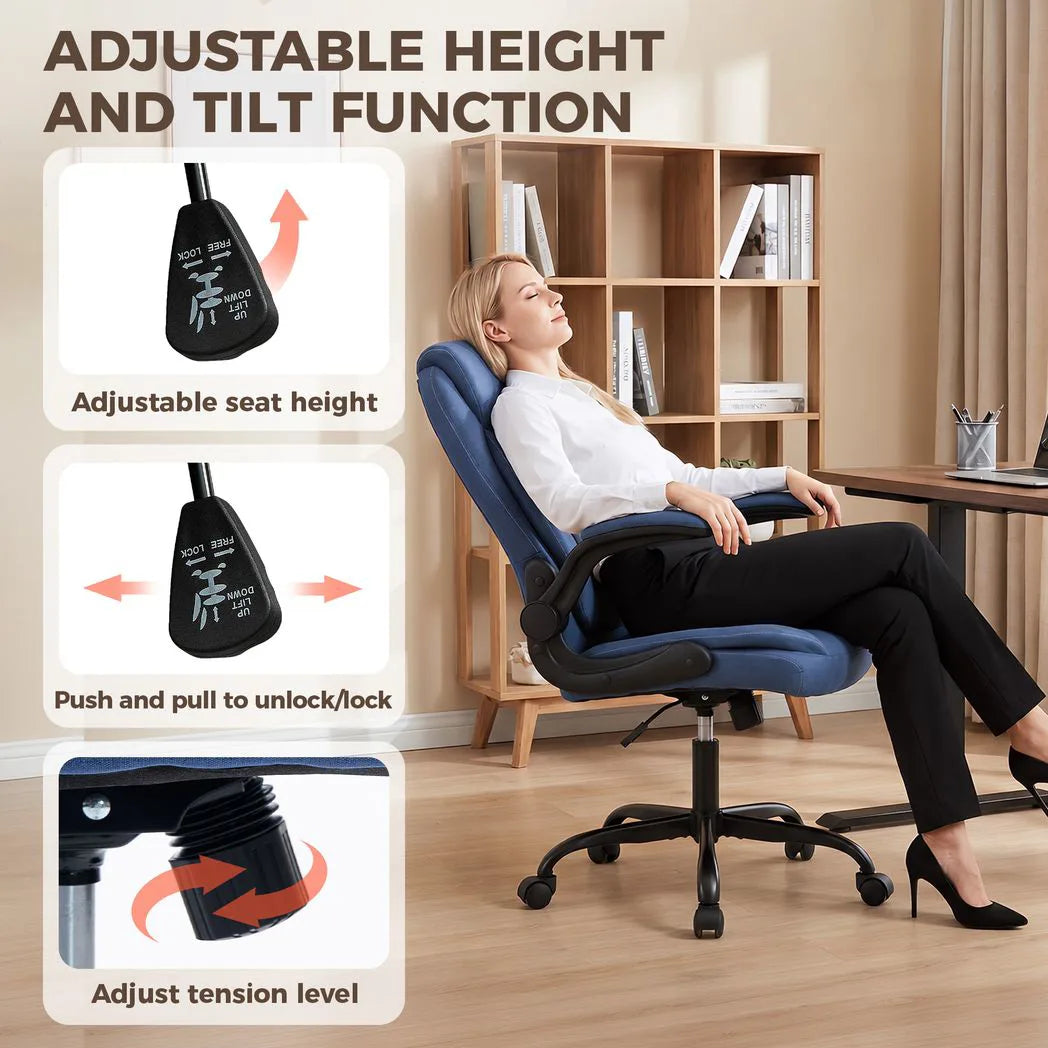 HOMCOM Linen-Look Executive Office Chair with Flip-Up Armrests, Thick Cushion & Rocking Function, Blue