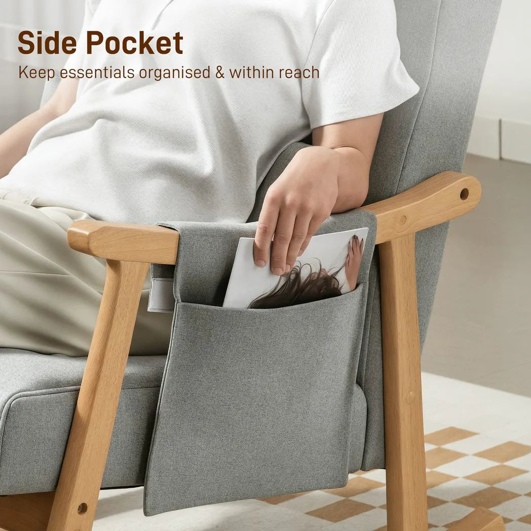 HOMCOM Wood Frame Rocking Accent Chair with 35° Rocking Base, Thick Padding and Side Pocket – Light Grey
