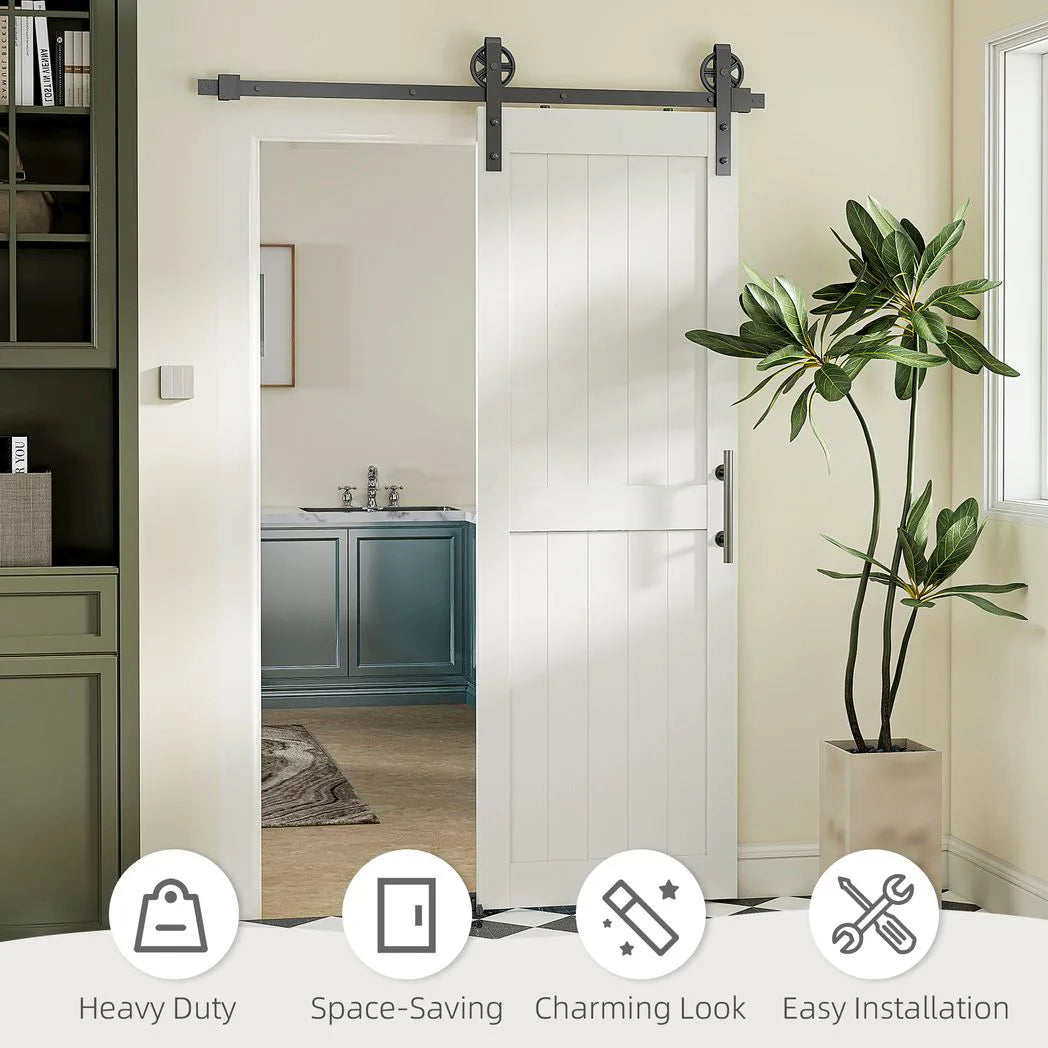 HOMCOM 152.4cm Sliding Barn Door Kit with Track, Rollers, Floor Guide and Handle – Space-Saving PVC-Coated Door, White