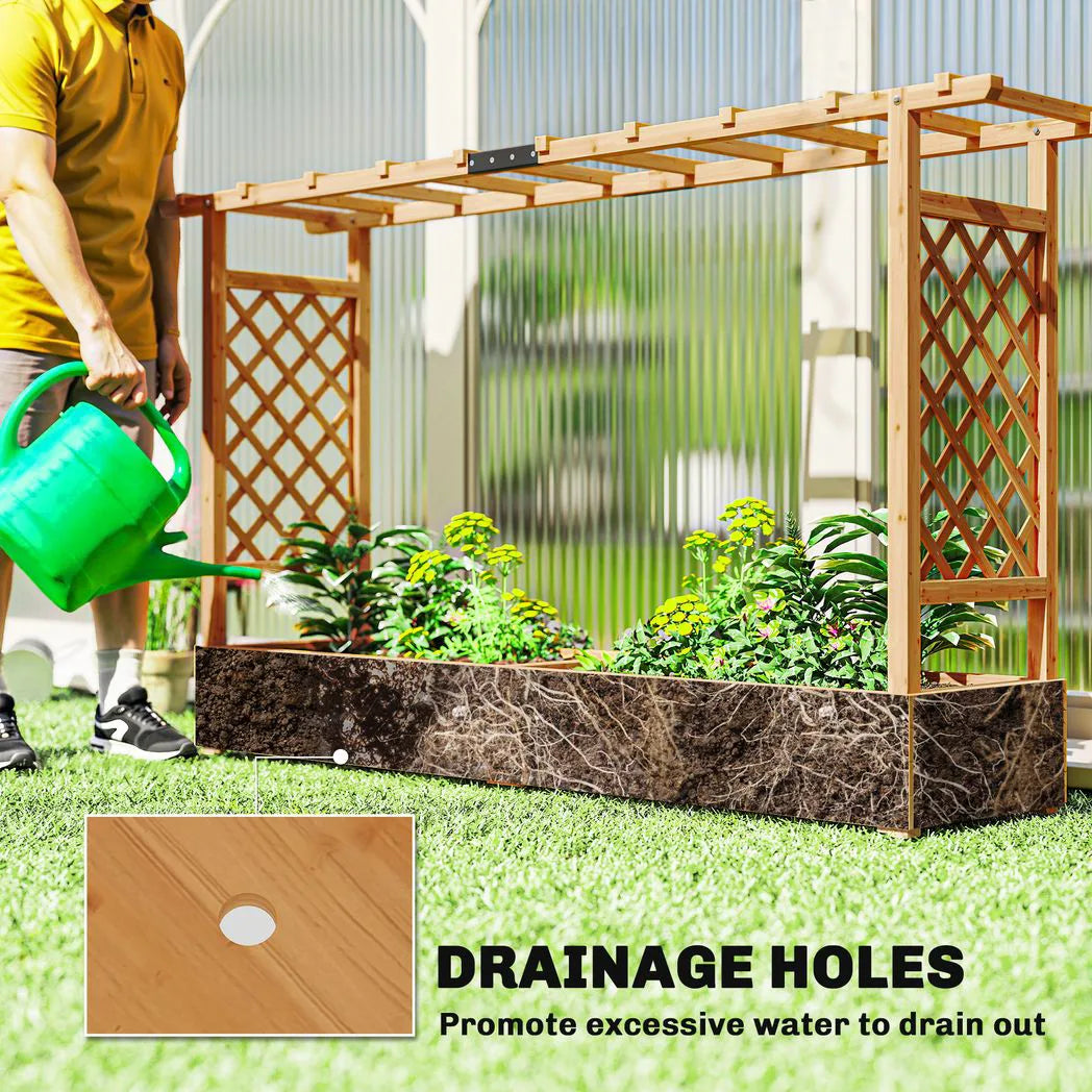 Outsunny Wooden Raised Planter with Trellis, Hanging Roof and 8 Drainage Holes – Fir Wood Garden Bed