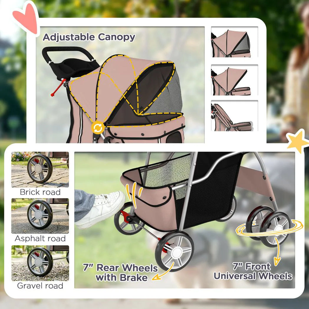 PawHut Foldable Dog Pram with Reflective Strips, 360° Swivel Wheels and Dual Brakes – Pet Stroller, Brown