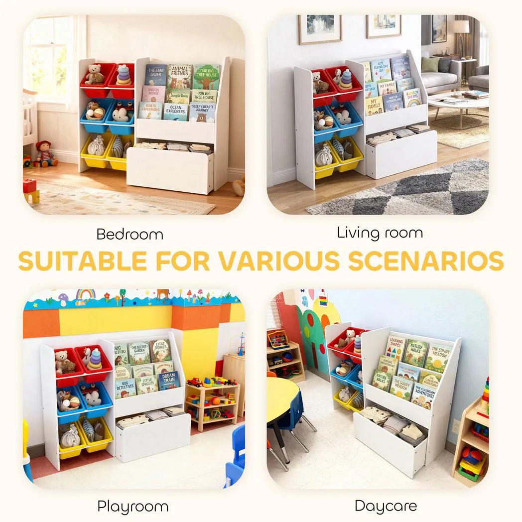 AIYAPLAY 3-Tier Kids Bookshelf & Toy Organiser with 6 Bins and Rolling Toy Box – Multicoloured