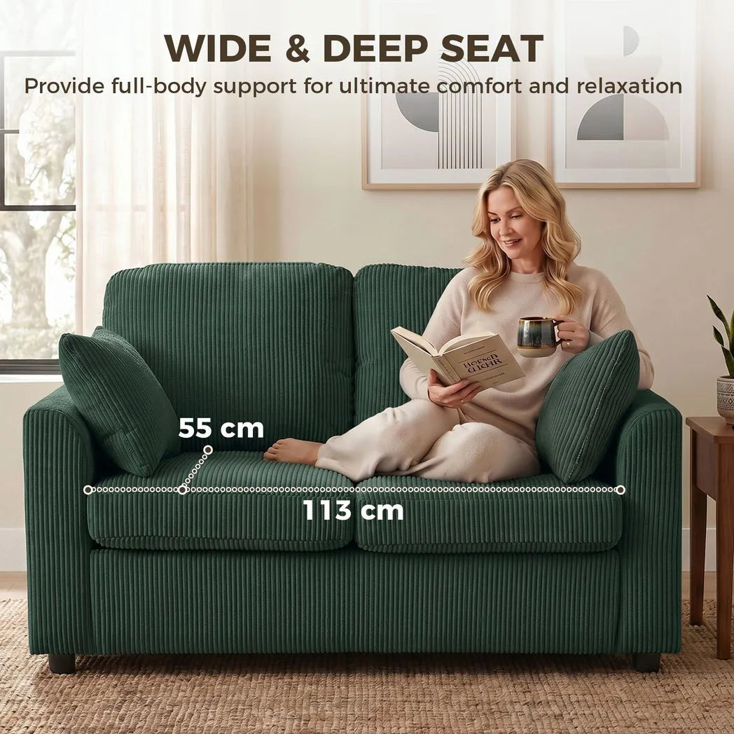 HOMCOM 2 Seater Corduroy Sofa with Pocket Spring Cushion – Compact Loveseat, Dark Green