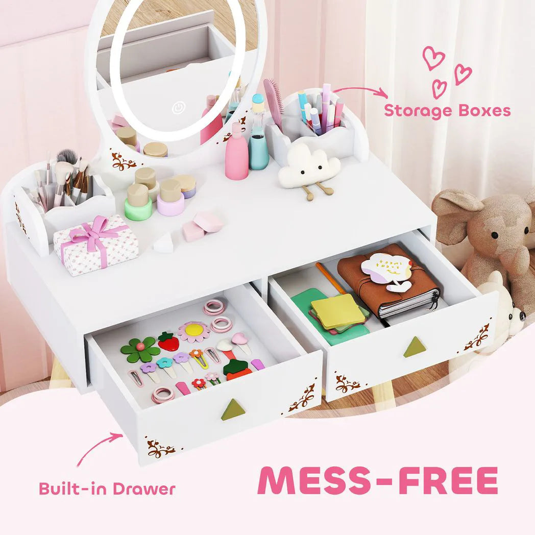 AIYAPLAY Kids Vanity Table and Chair Set with 3-Colour LED Mirror & Drawers – 2-in-1 Dressing Table & Desk, White