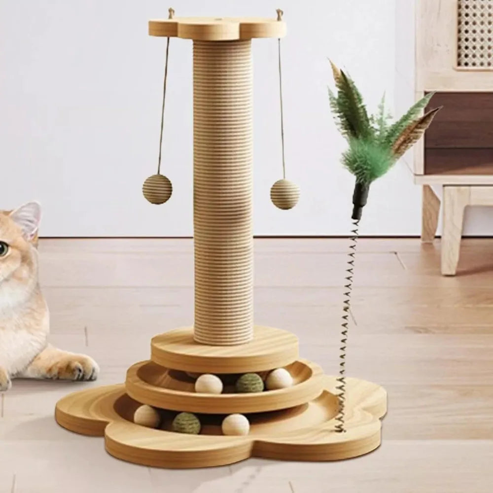 Cat Scratching Post Toy with Ball Track & Spinning Disc – Solid Wood and Sisal Activity Centre