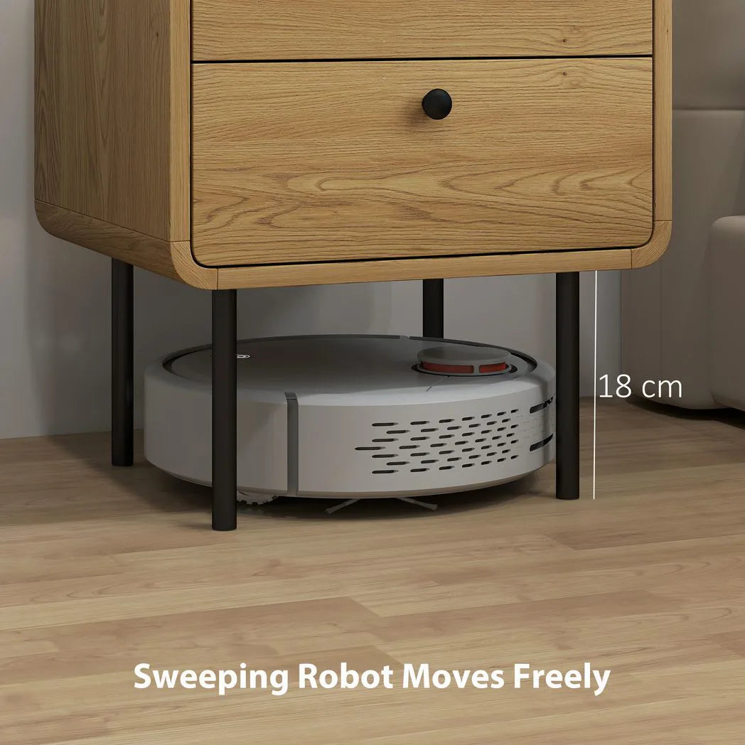 HOMCOM Bedside Table with 2 Drawers and Steel Legs – Rounded Nightstand for Bedroom and Living Room, Oak