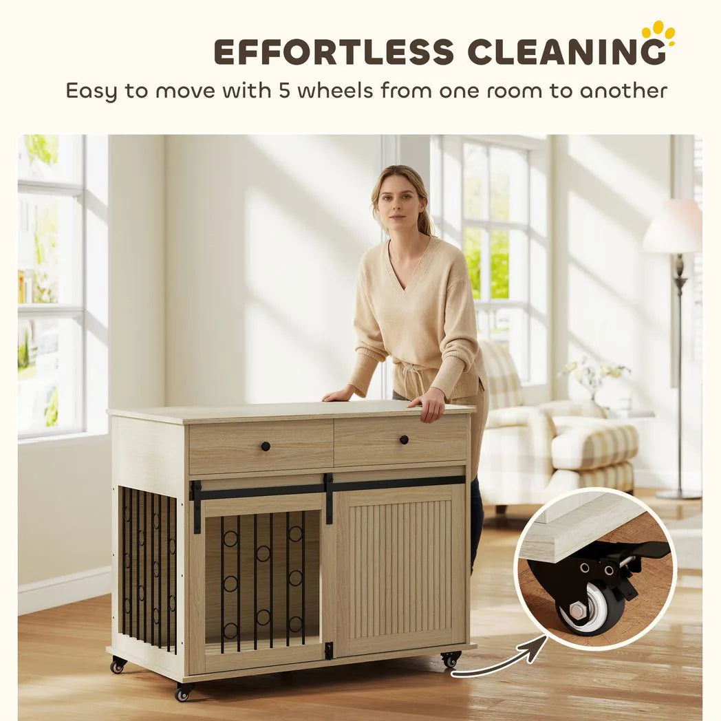 PawHut Dog Crate Furniture on Wheels with Two Drawers – Side Table Kennel for Medium and Large Dogs, Oak