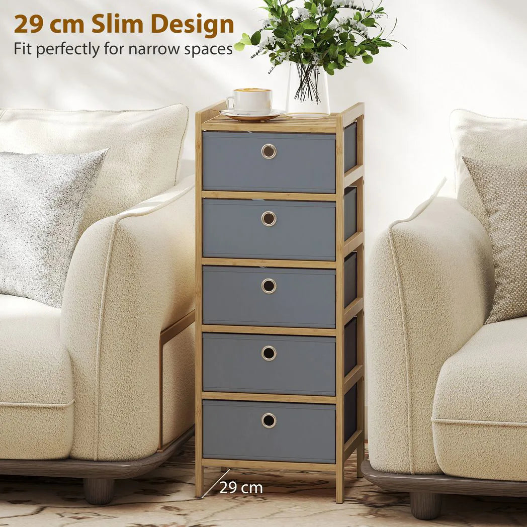 HOMCOM 5-Drawer Narrow Chest of Drawers with Fabric Drawers & Bamboo Frame – Slim Storage, Light Grey
